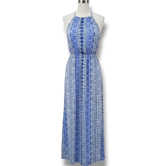 Japna Women’s Blue Multi-Print Sleeveless Maxi Dress with Keyhole Neckline – XS - Picture 1 of 11